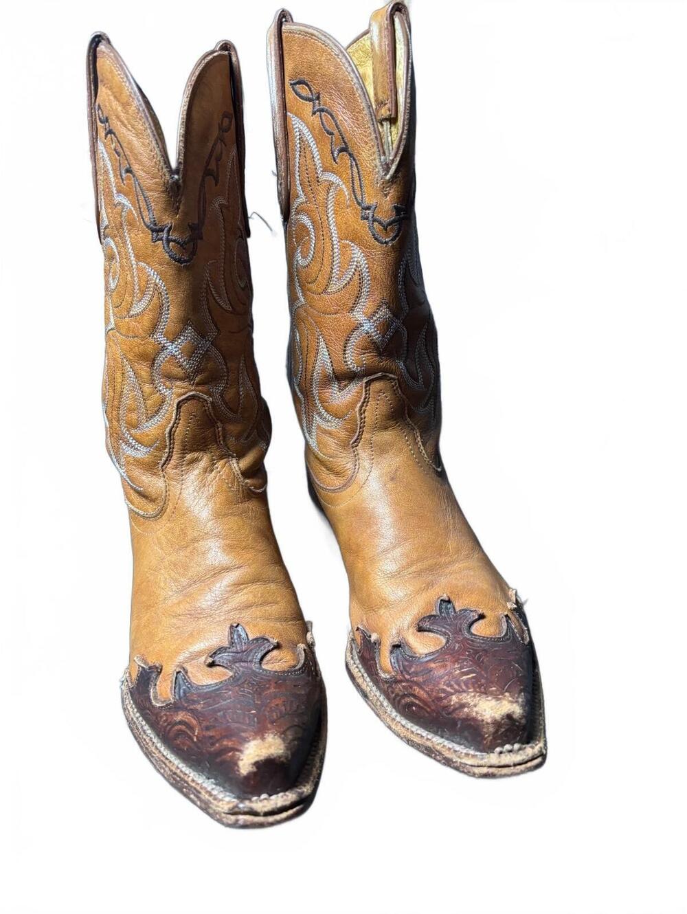 Vintage Tan and Brown Western Cowboy Boots with Embroidered
